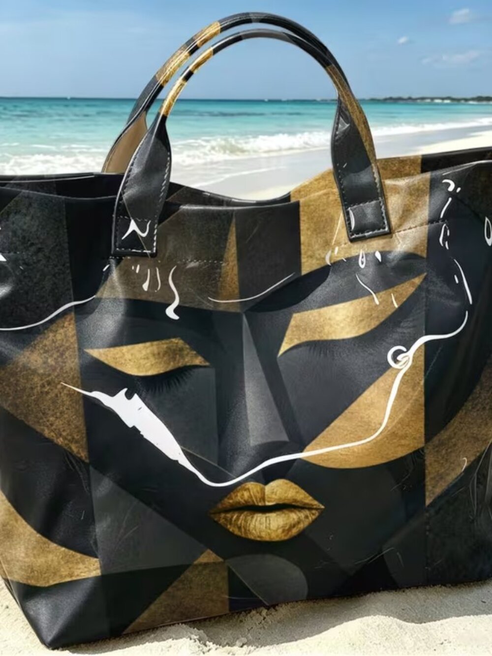 Black Gold Abstract Face Tote Bag Large Shopper Shoulder Bag Art Print Handbag - Picture 6 of 9